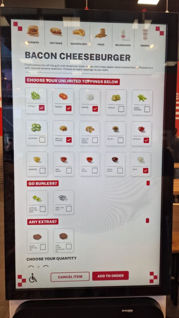 Five Guys rendelés képernyő a lehetőségekkel